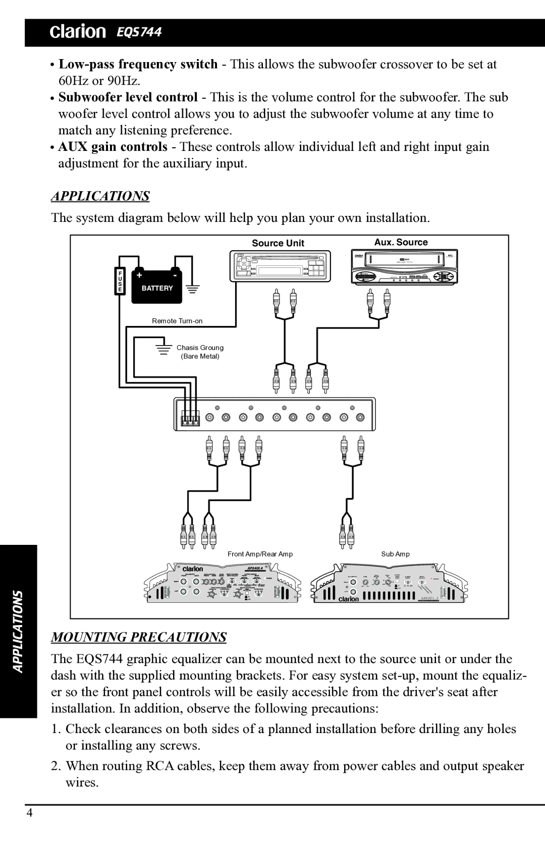 Clarion EQS744 manual Applications, Mounting Precautions 