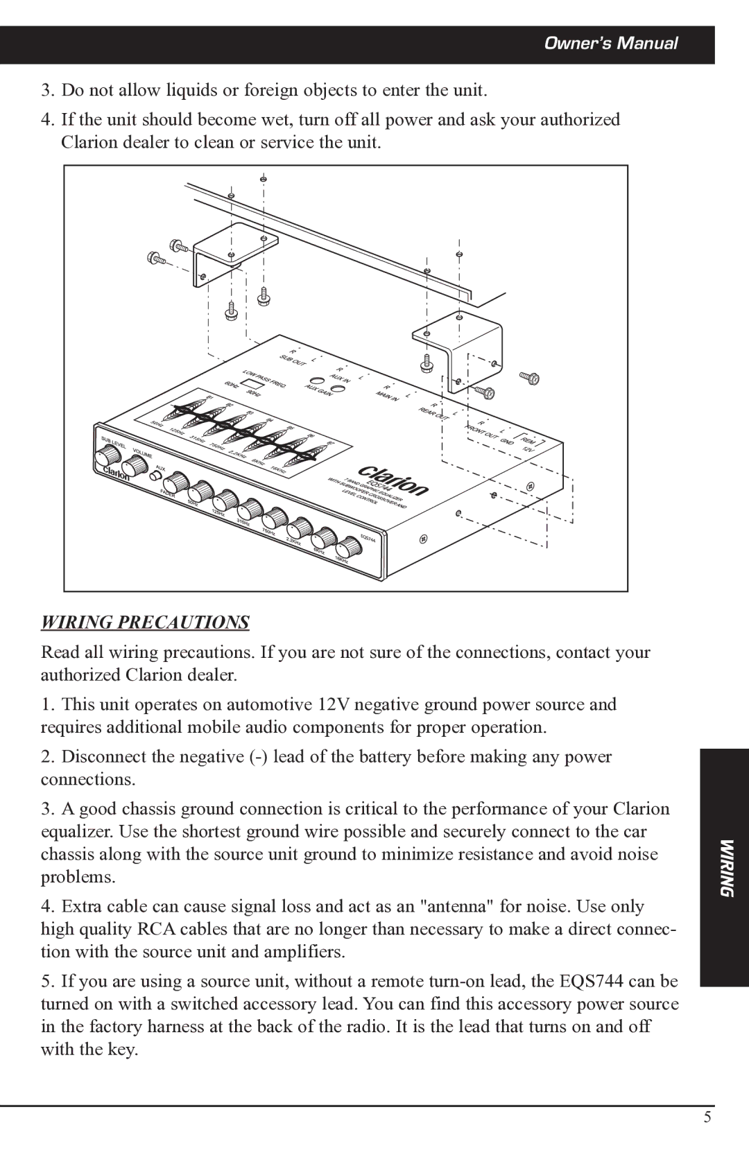 Clarion EQS744 manual Wiring Precautions 