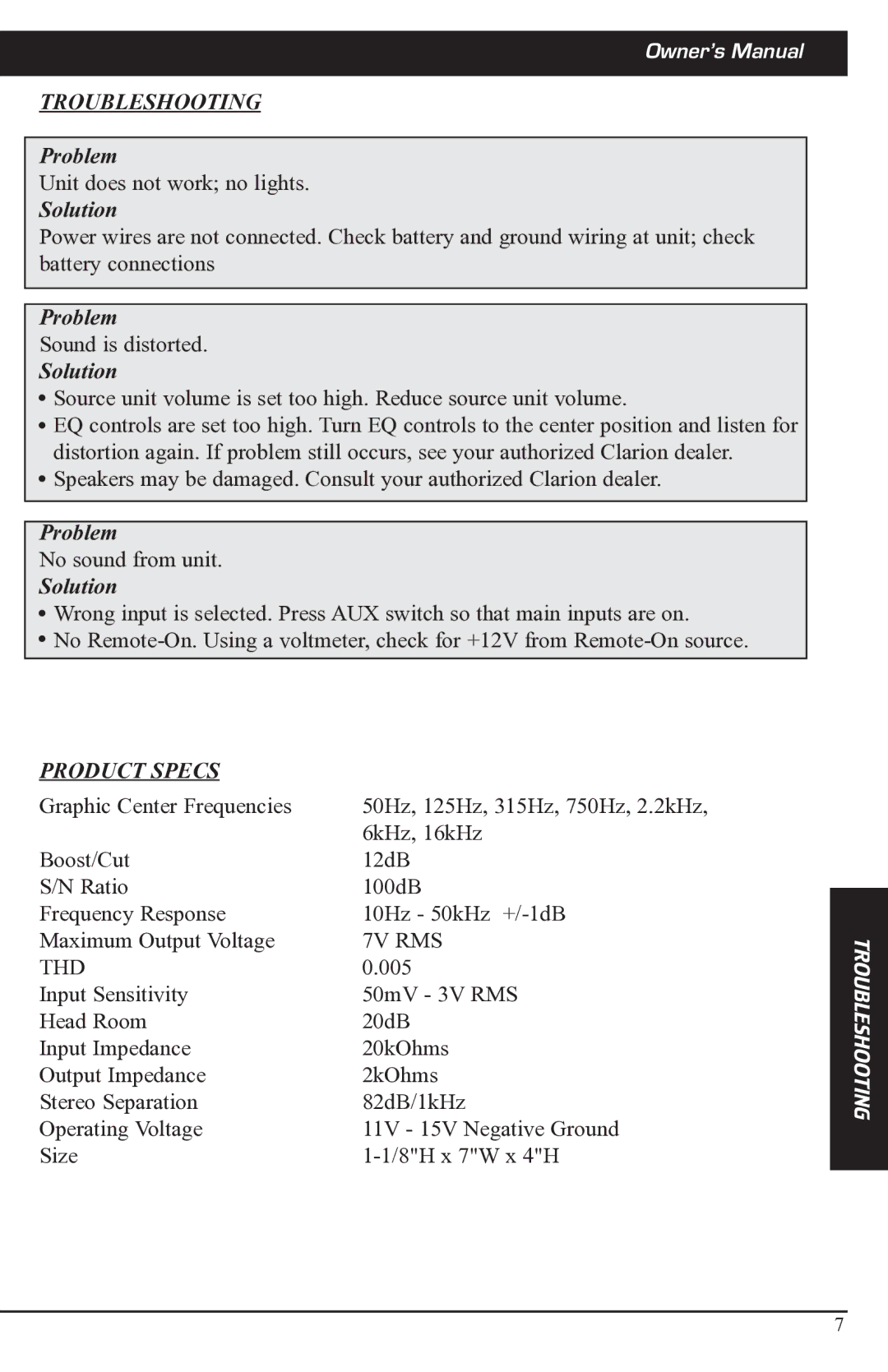 Clarion EQS744 manual Troubleshooting, Product Specs 