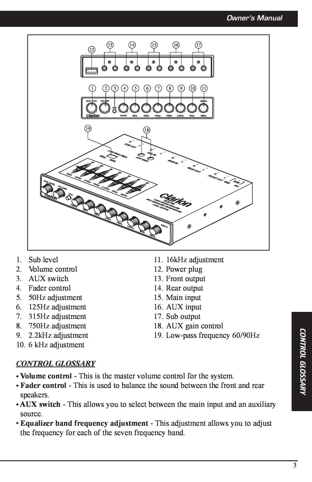 Clarion EQS744 manual Control Glossary 