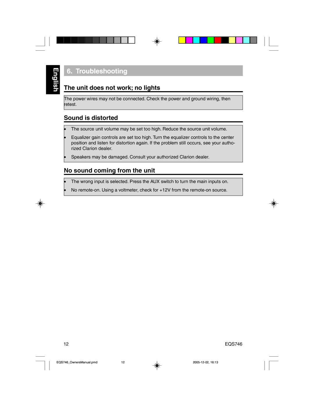 Clarion EQS746 English Troubleshooting, Unit does not work no lights, Sound is distorted, No sound coming from the unit 