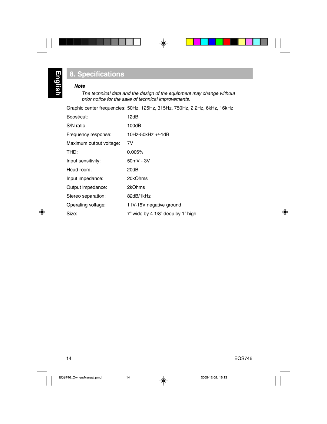 Clarion EQS746 owner manual English Specifications, Thd 