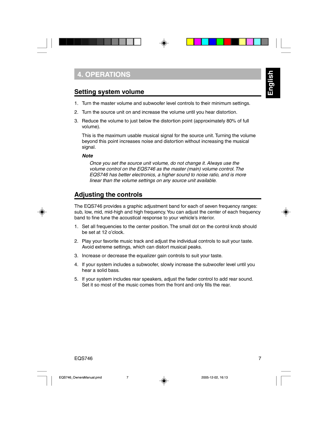 Clarion EQS746 owner manual Operations, Setting system volume, Adjusting the controls 