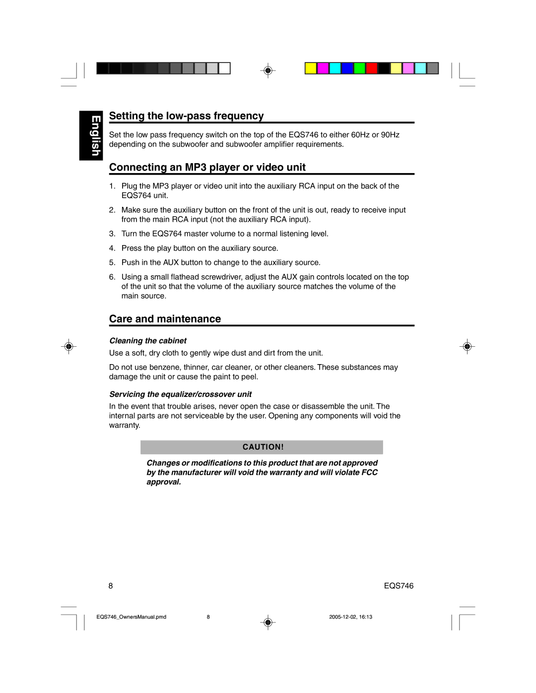 Clarion EQS746 owner manual Setting the low-pass frequency, Connecting an MP3 player or video unit, Care and maintenance 