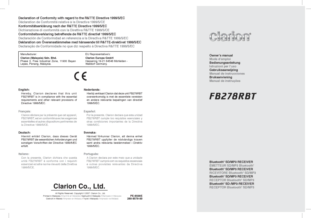 Clarion FB278RBT manual Clarion Malaysia Sdn. Bhd Clarion Europa GmbH, English Nederlands, Deutsch Svenska, PE-8500E 