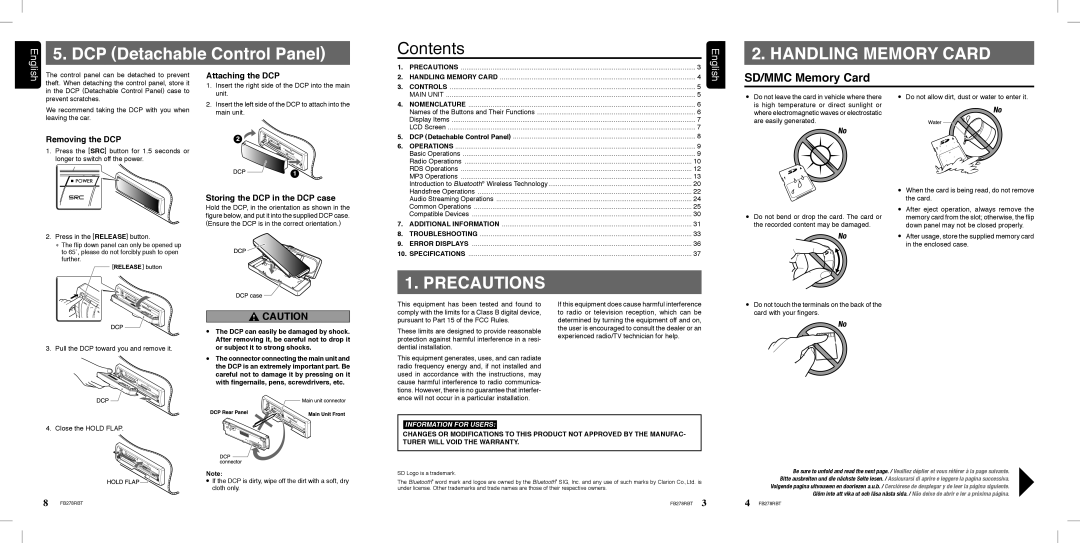 Clarion FB278RBT manual DCP Detachable Control Panel, Precautions 