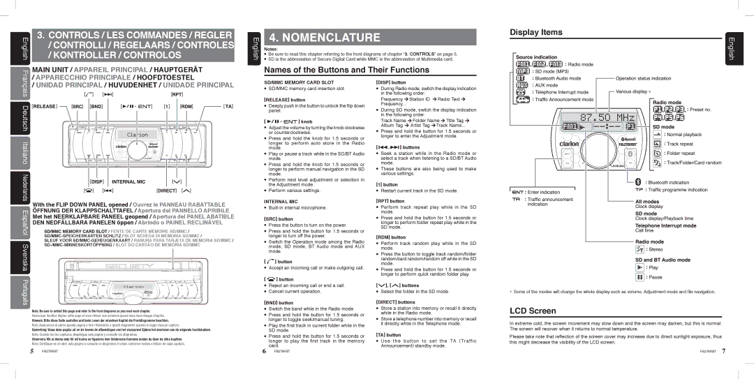 Clarion FB278RBT manual Nomenclature, Names of the Buttons and Their Functions Display Items, LCD Screen 