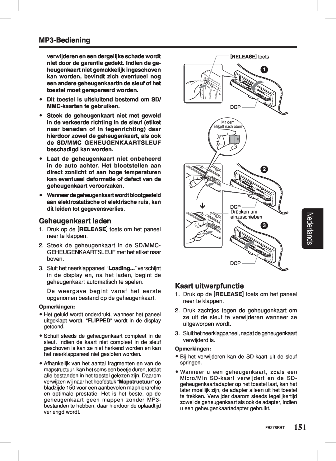Clarion FB278RBT manual Geheugenkaart laden, Kaart uitwerpfunctie, MP3-Bediening, Nederlands, Opmerkingen 