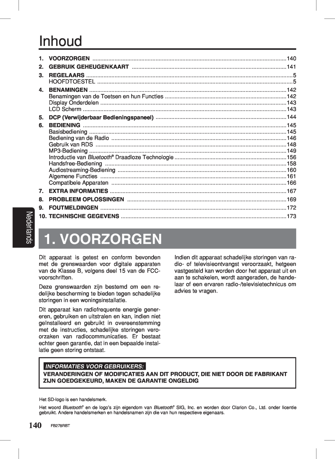 Clarion FB278RBT manual Voorzorgen, Nederlands, Inhoud, Informaties Voor Gebruikers 
