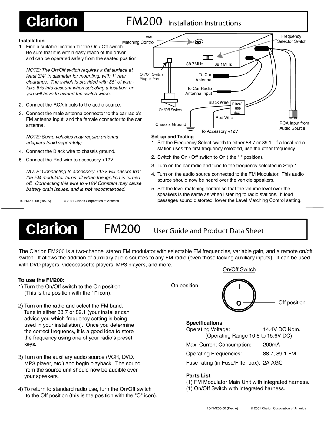 Clarion installation instructions FM200 Installation Instructions, FM200 User Guide and Product Data Sheet, Parts List 