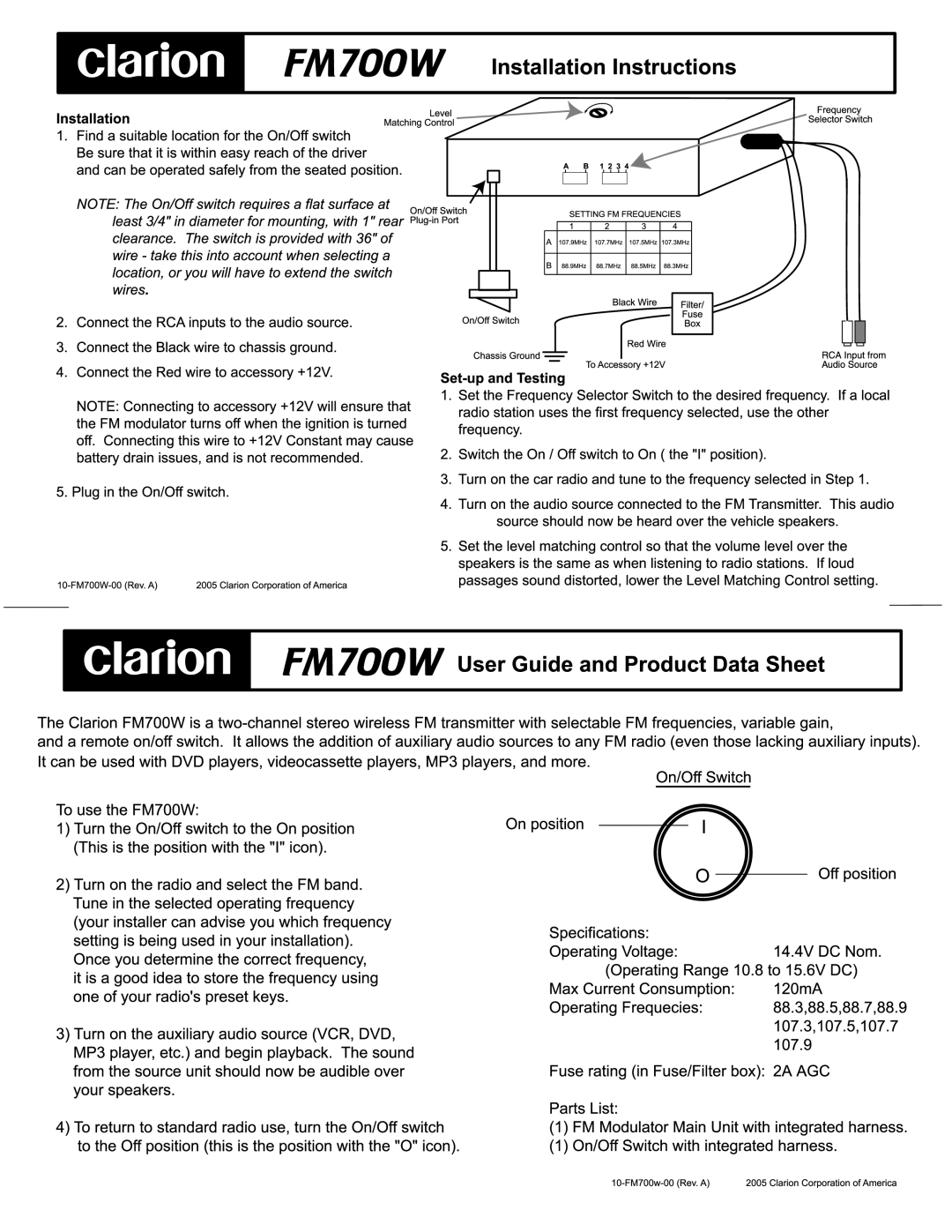 Clarion FM700W manual 
