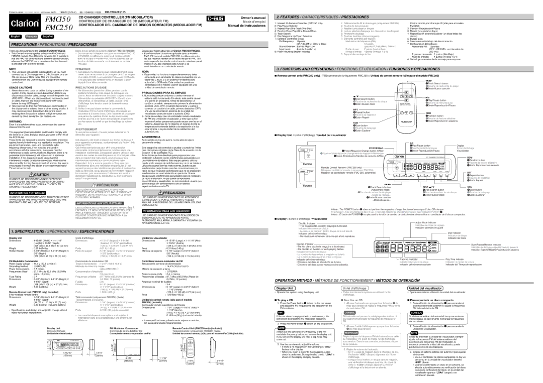 Clarion FMC250 owner manual Display Unit / Unité d’affichage / Unidad del visualizador, To play a CD, Pour lire un CD 