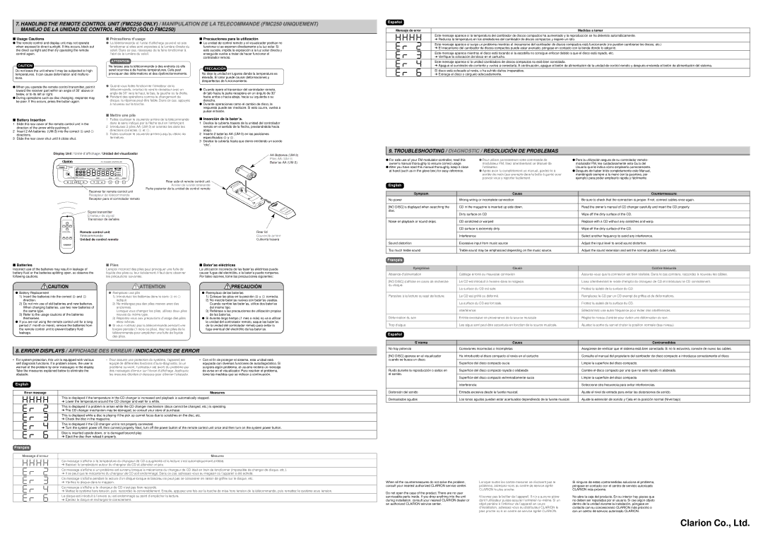 Clarion FMC250 owner manual Précautions d’usage, Mettre une pile, Piles 