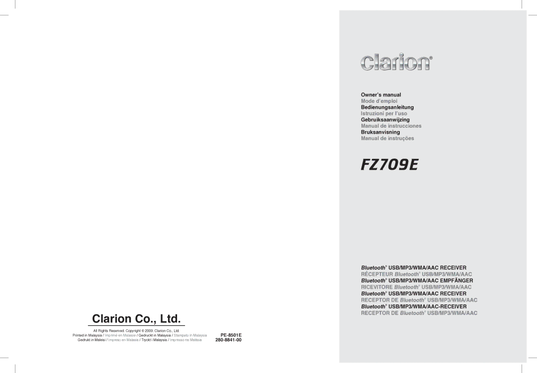 Clarion FZ709E owner manual Bedienungsanleitung, Gebruiksaanwijzing, Bruksanvisning, Bluetooth USB/MP3/WMA/AAC Receiver 