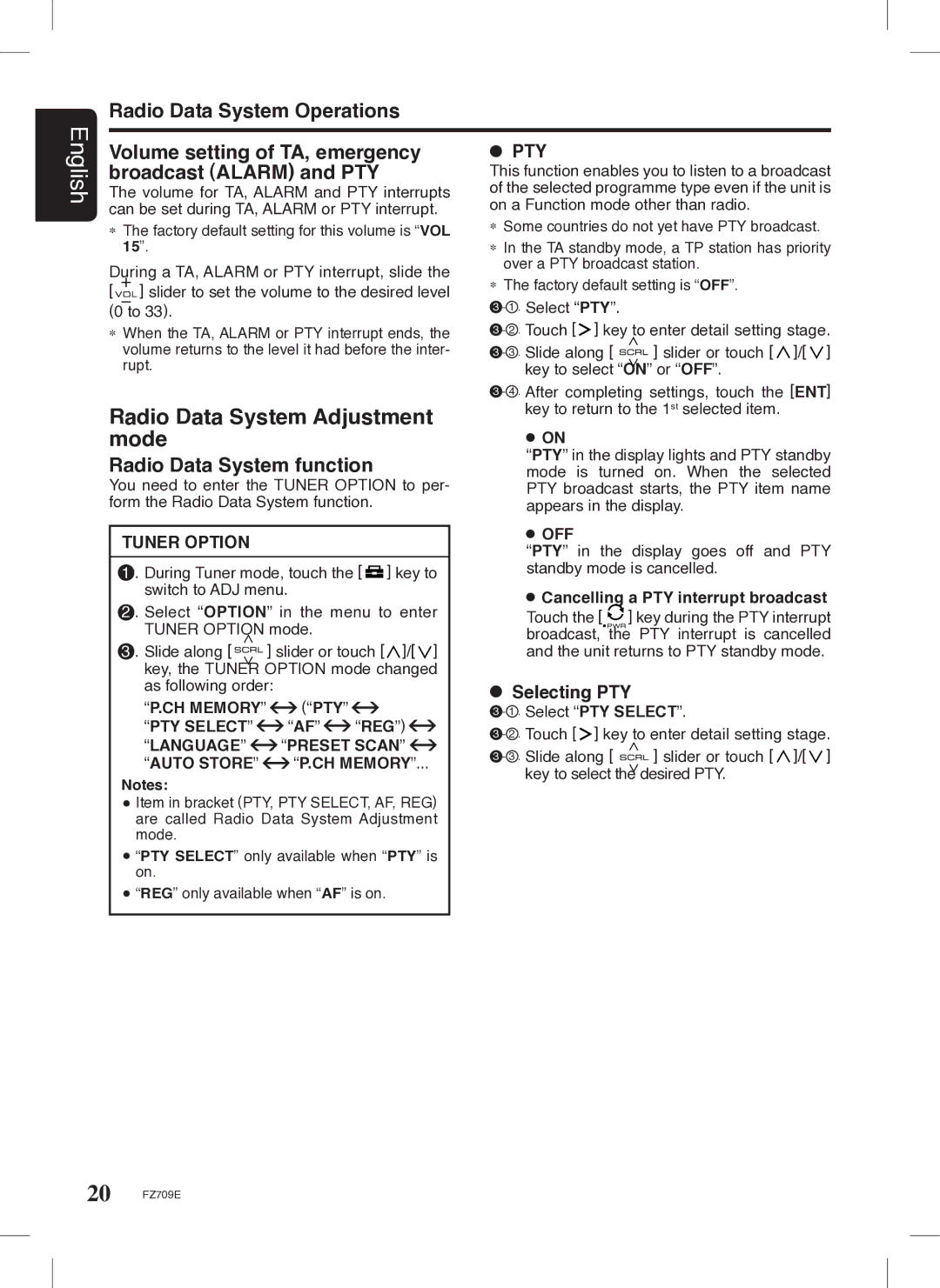 Clarion FZ709E owner manual Radio Data System Operations, Volume setting of TA, emergency, Broadcast Alarm and PTY, Pty 