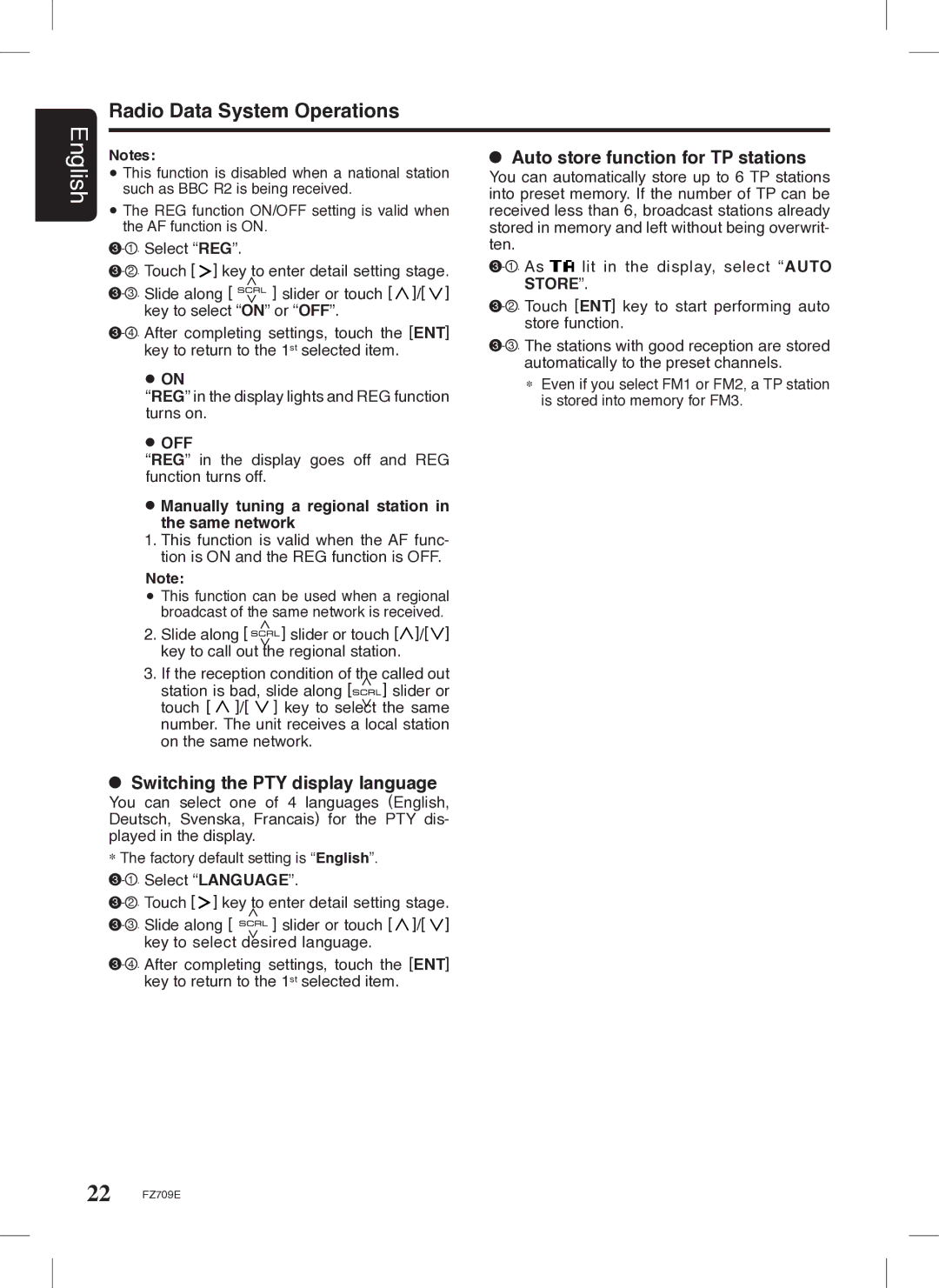 Clarion FZ709E owner manual REG in the display goes off and REG function turns off 