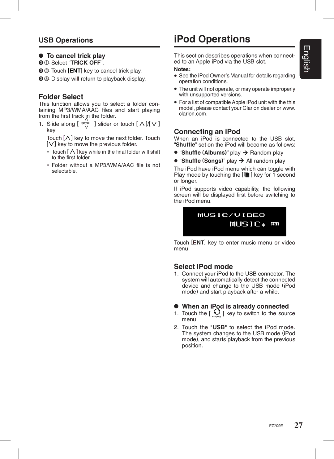 Clarion FZ709E IPod Operations, Folder Select, Connecting an iPod, Select iPod mode, When an iPod is already connected 