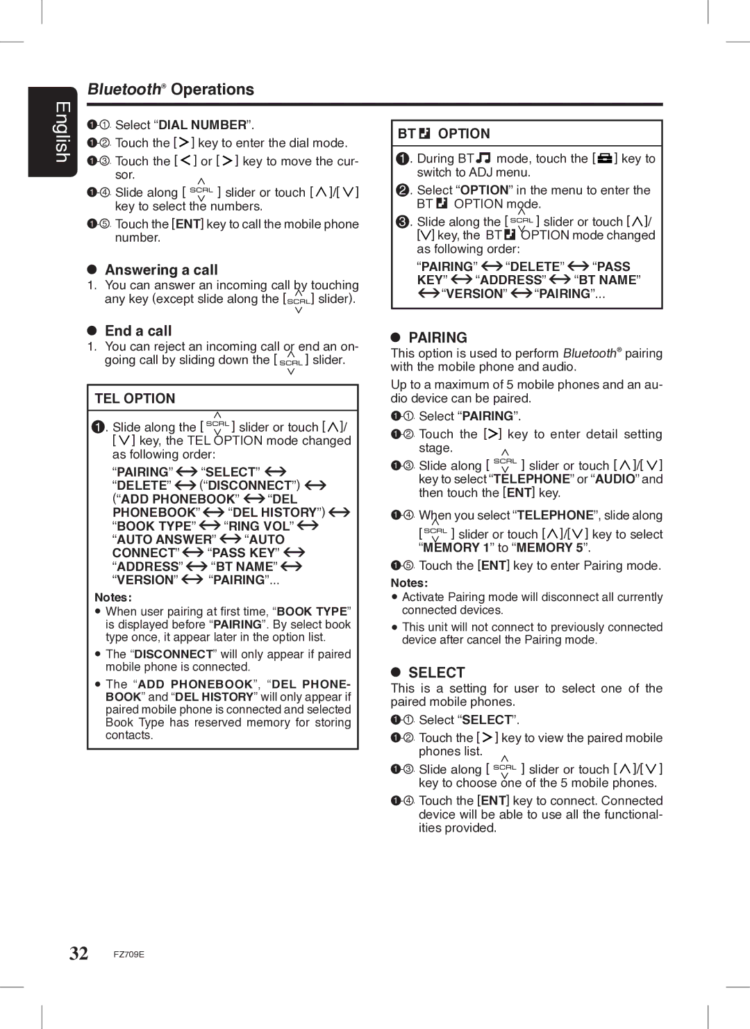 Clarion FZ709E owner manual Bluetooth Operations, Answering a call, End a call, Pairing, Select 