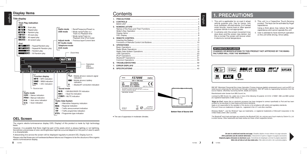 Clarion FZ709E owner manual Precautions, Display Items, OEL Screen, Title display 