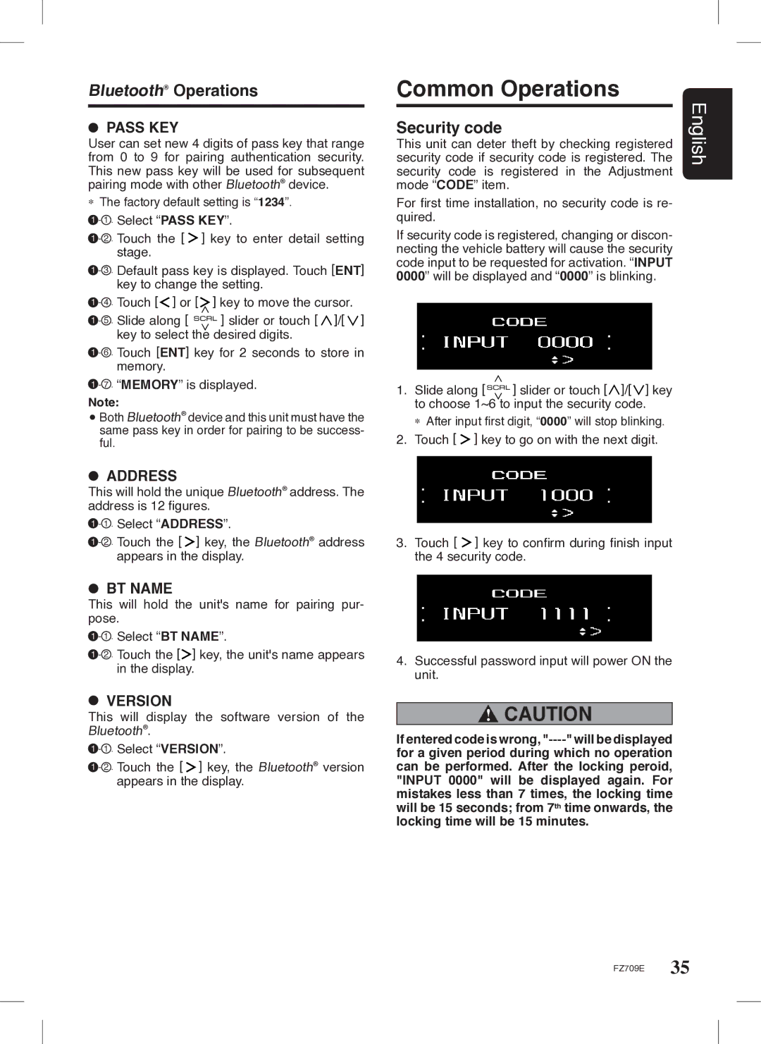 Clarion FZ709E owner manual Common Operations, Security code 