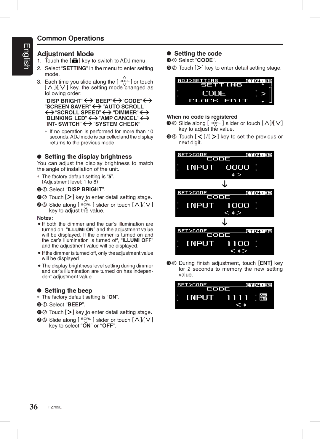 Clarion FZ709E Common Operations Adjustment Mode, Setting the display brightness, Setting the beep, Select Disp Bright 