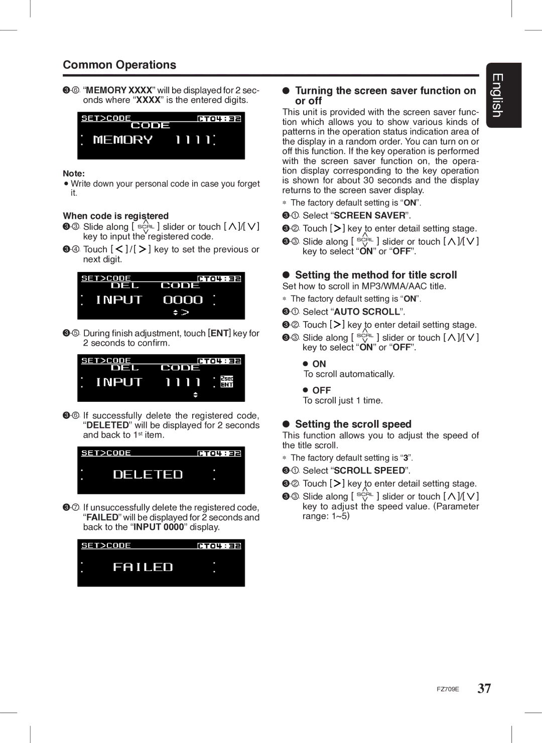 Clarion FZ709E owner manual Common Operations, Turning the screen saver function on or off, Setting the scroll speed 