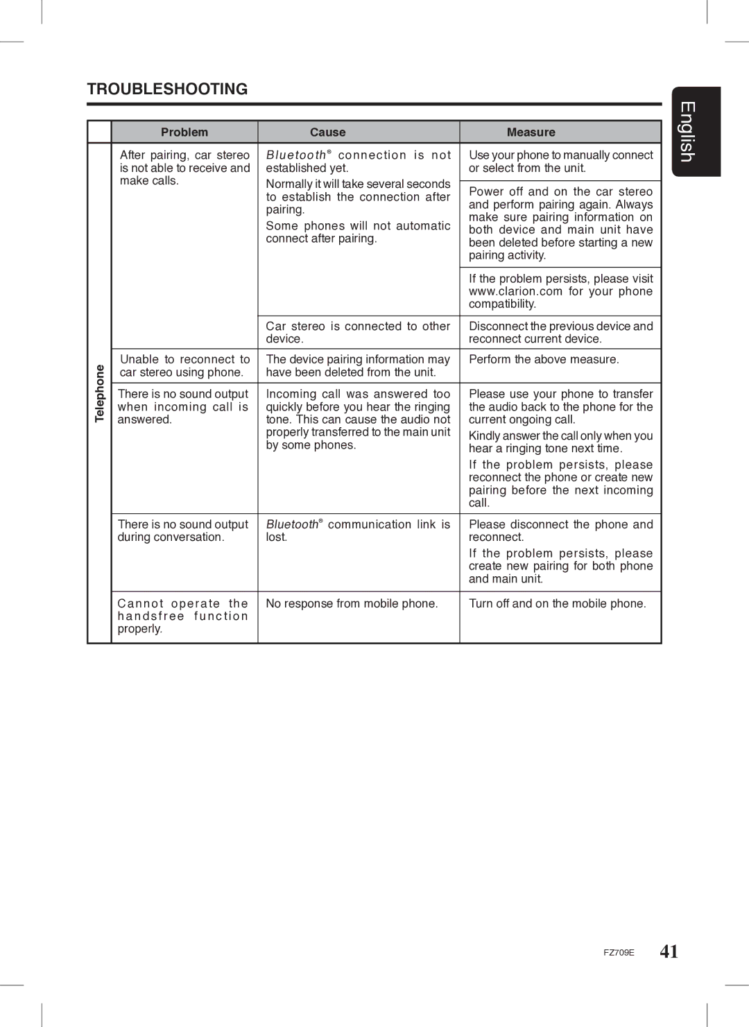 Clarion FZ709E owner manual After pairing, car stereo Bluetooth connection is not 