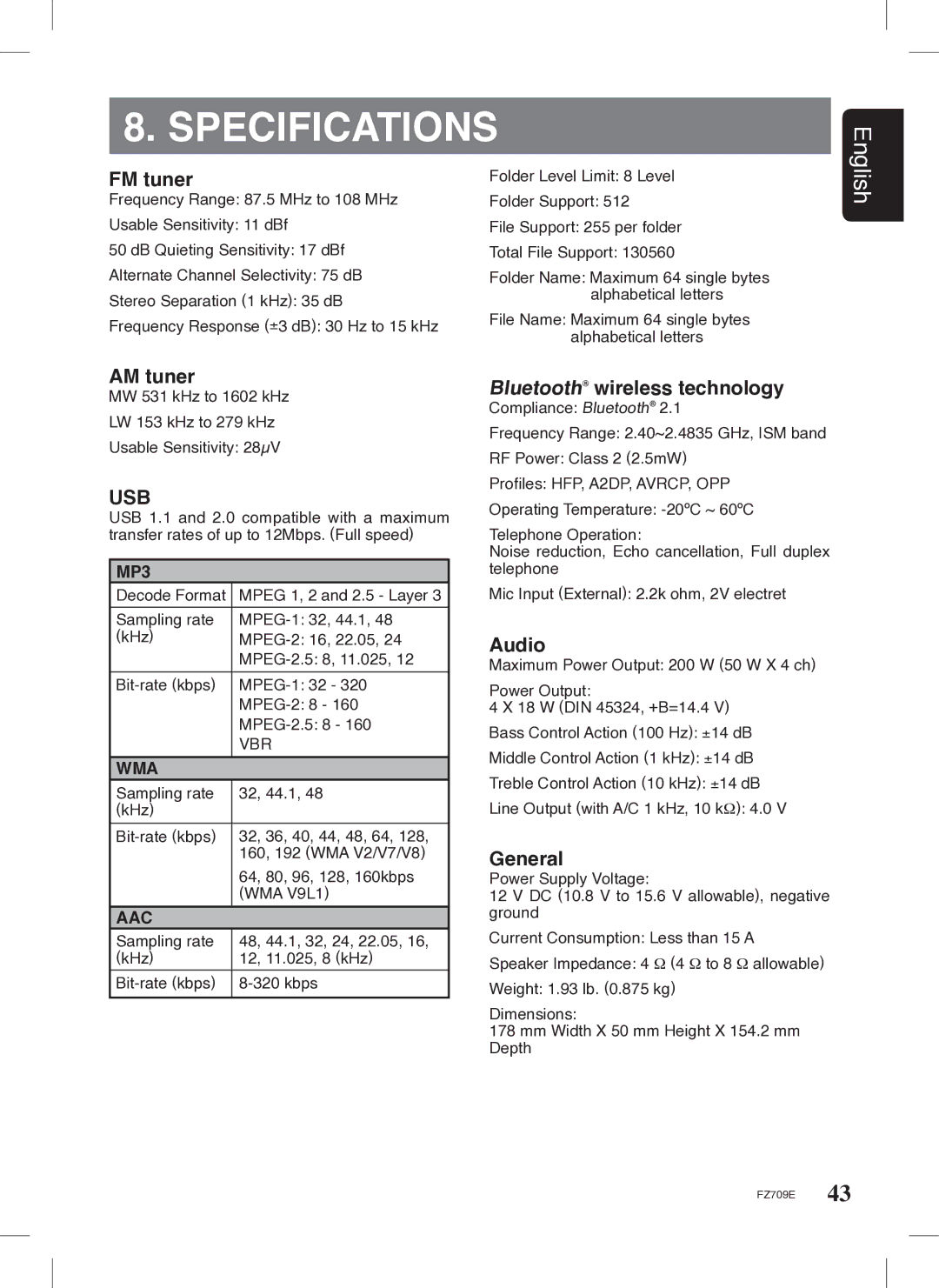 Clarion FZ709E owner manual Specifications, FM tuner, AM tuner, Audio, General 