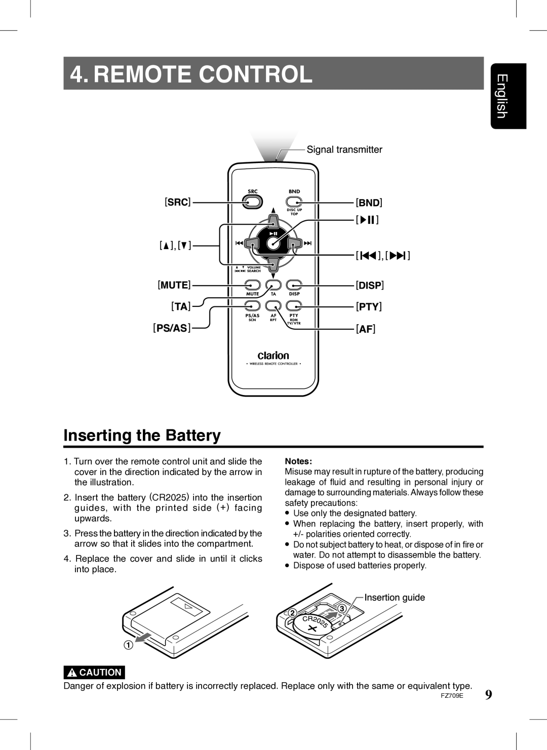 Clarion FZ709E Remote Control, Inserting the Battery, Replace the cover and slide in until it clicks into place 