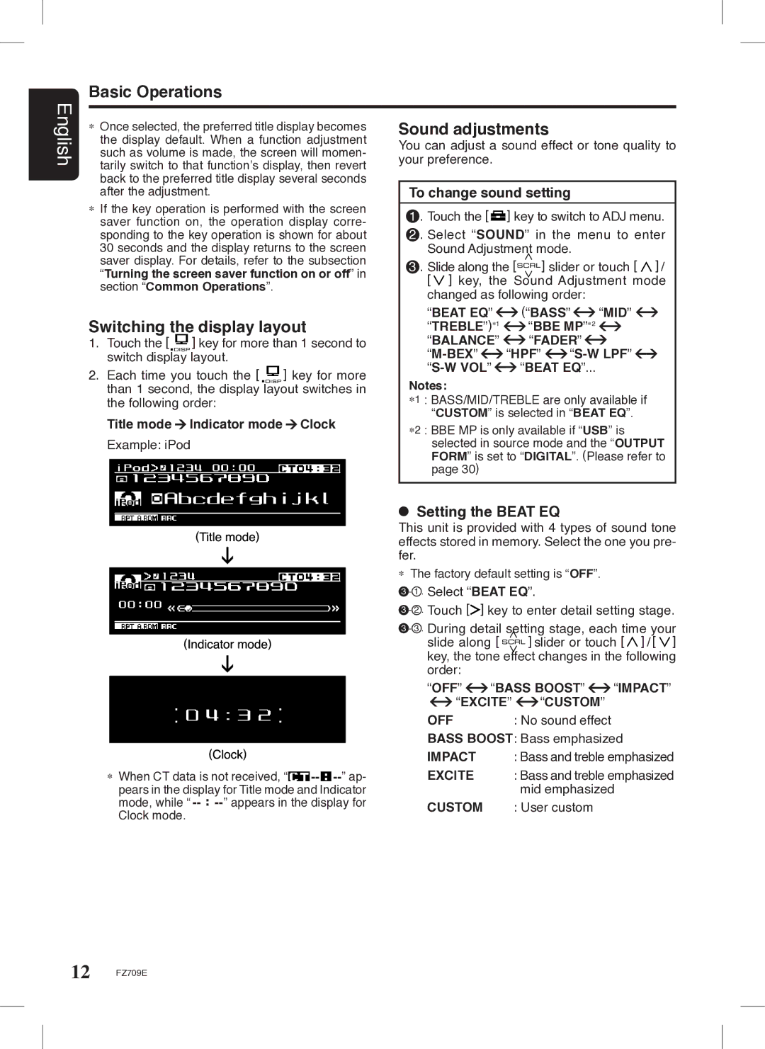 Clarion FZ709E owner manual Basic Operations, Switching the display layout, Sound adjustments, Setting the Beat EQ 