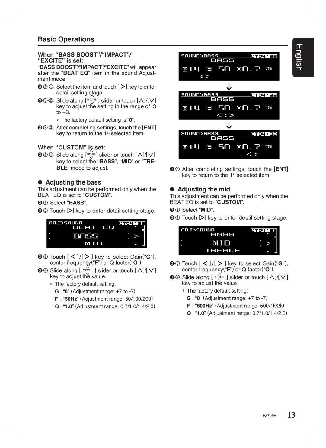 Clarion FZ709E Adjusting the bass, Adjusting the mid, Select the item and touch key to enter, Detail setting stage 
