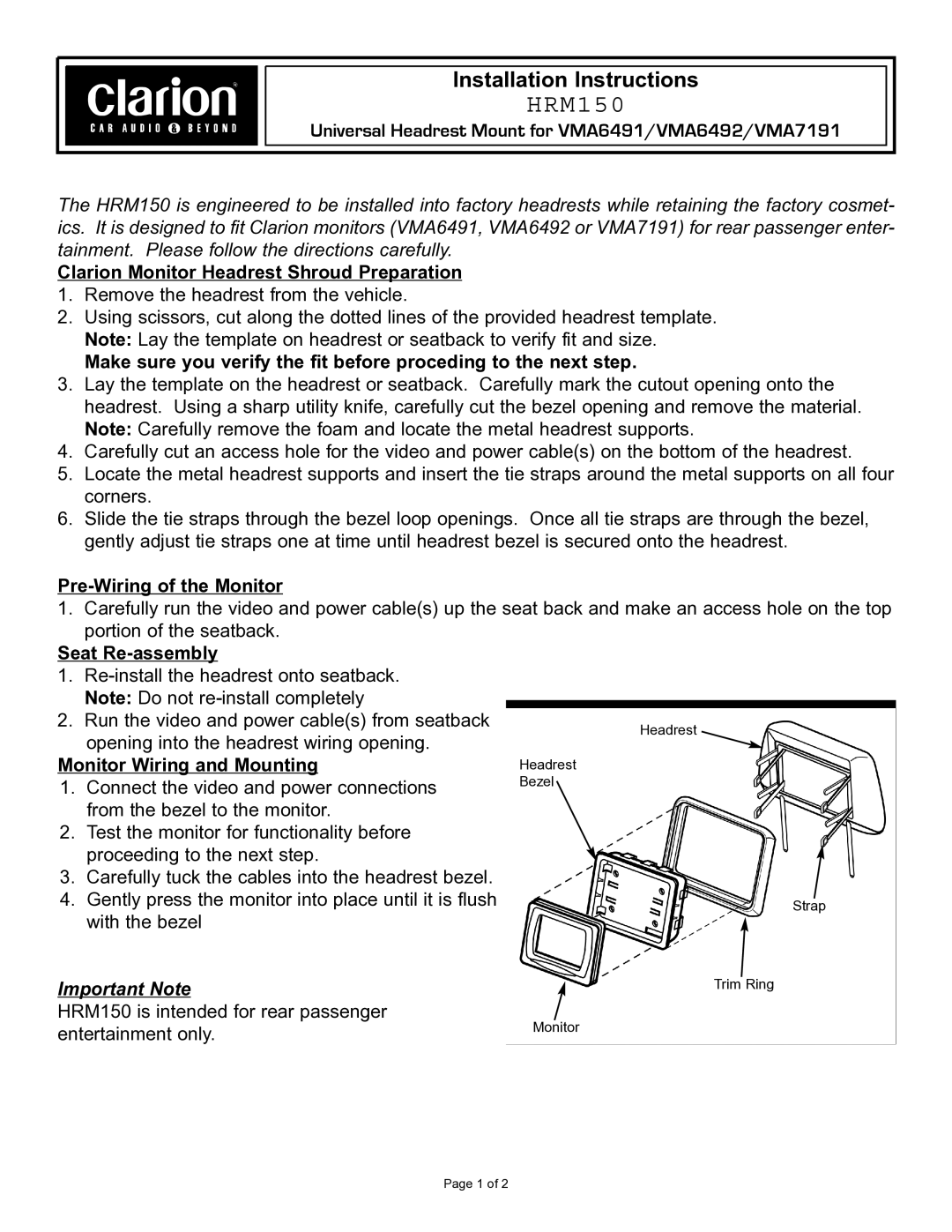 Clarion HRM150 installation instructions 
