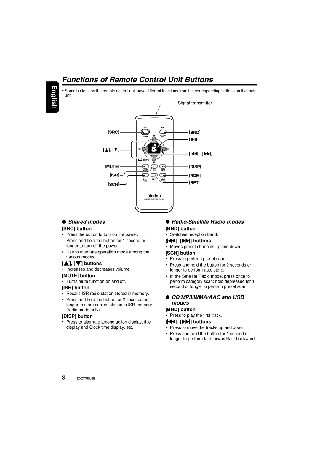 Clarion iDXZ775USB owner manual Functions of Remote Control Unit Buttons, Shared modes, Radio/Satellite Radio modes 