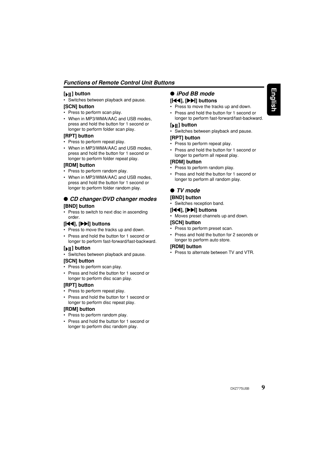 Clarion iDXZ775USB Functions of Remote Control Unit Buttons, IPod BB mode, CD changer/DVD changer modes, TV mode 