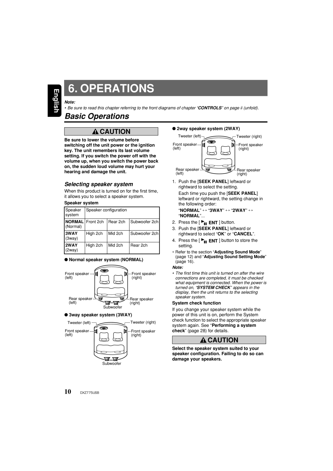 Clarion iDXZ775USB owner manual Basic Operations, Selecting speaker system, Normal 