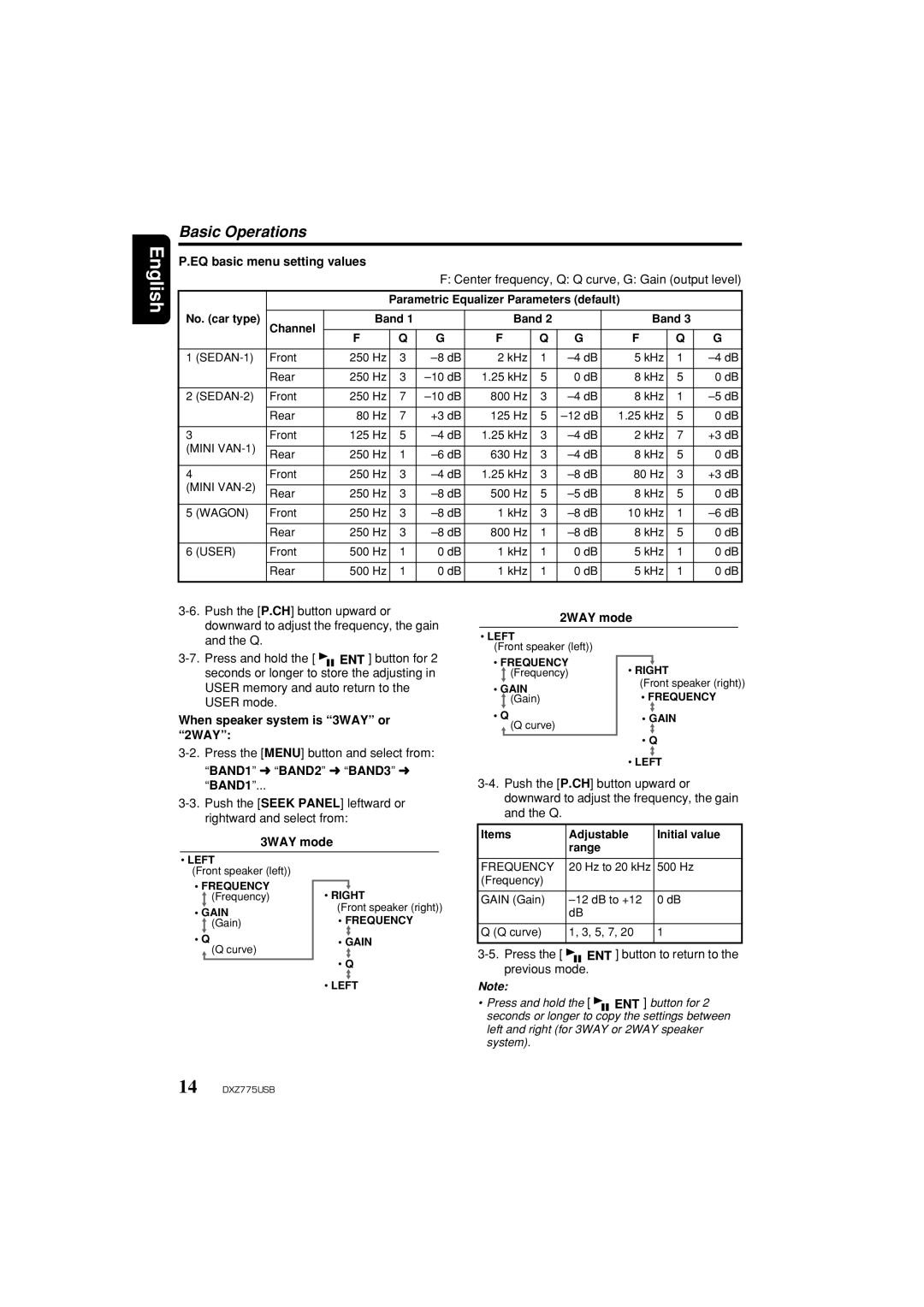 Clarion iDXZ775USB owner manual EQ basic menu setting values, 2WAY mode, When speaker system is 3WAY or 2WAY, 3WAY mode 