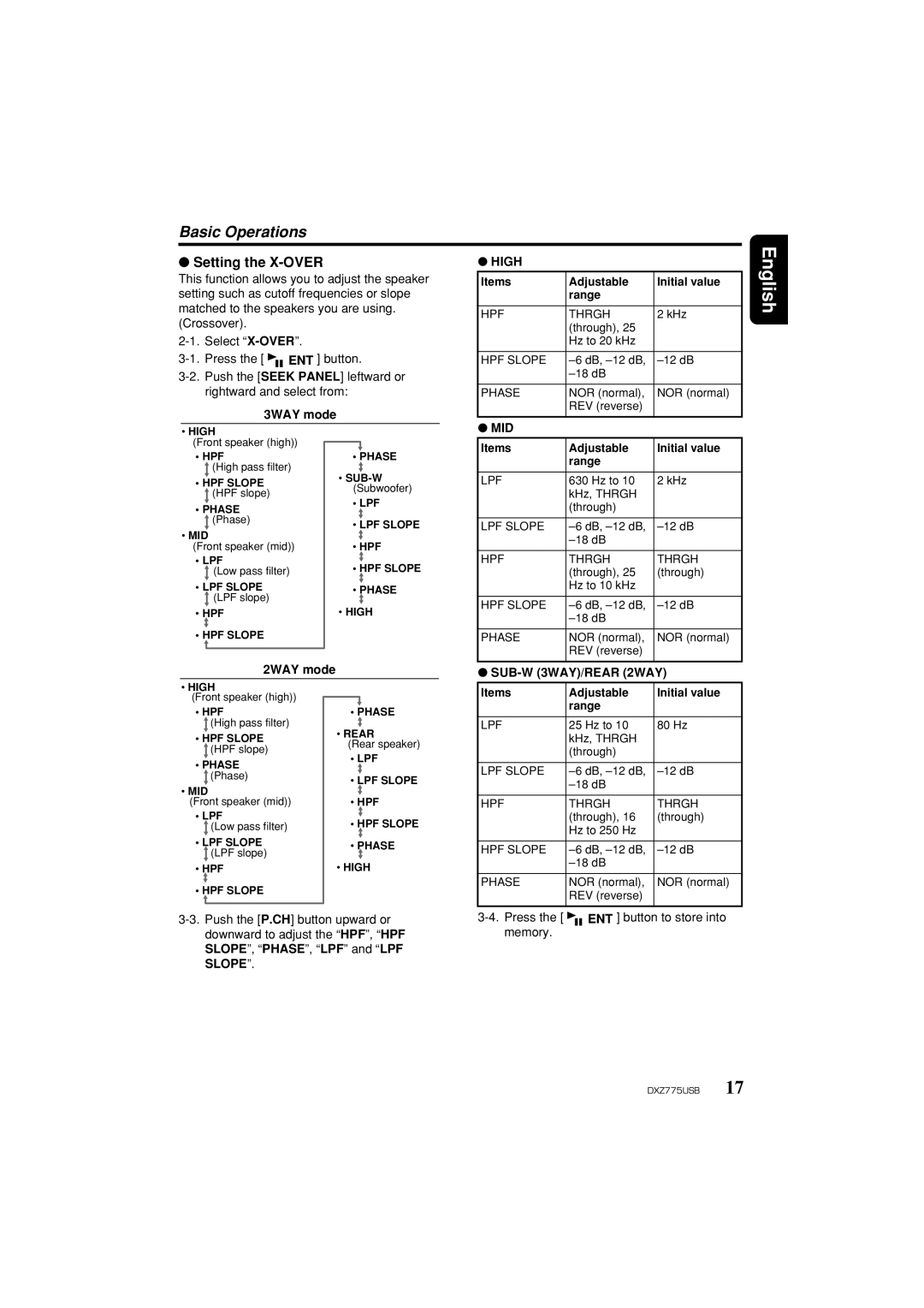 Clarion iDXZ775USB owner manual Setting the X-OVER, High, Mid, SUB-W 3WAY/REAR 2WAY, Press Button to store into Memory 