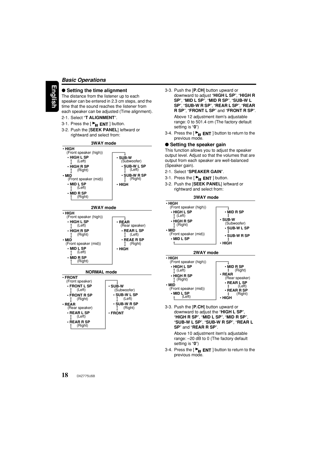 Clarion iDXZ775USB owner manual Setting the time alignment, Setting the speaker gain, 3WAY mode 2WAY mode, Normal mode 