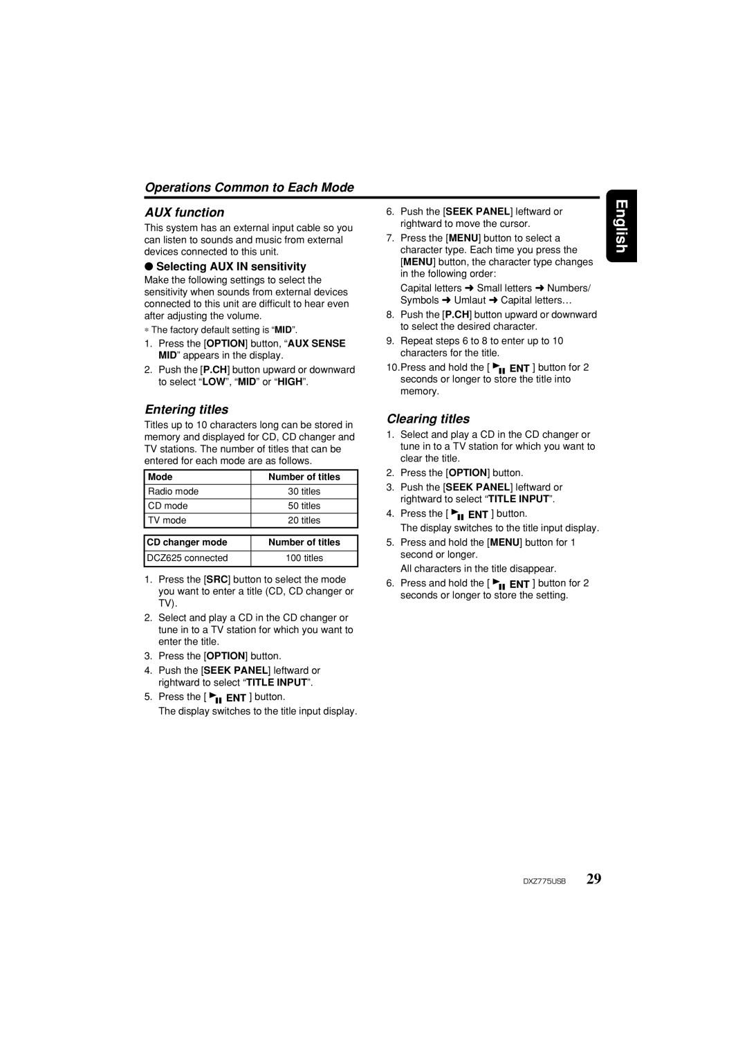 Clarion iDXZ775USB owner manual Operations Common to Each Mode AUX function, Entering titles, Clearing titles 