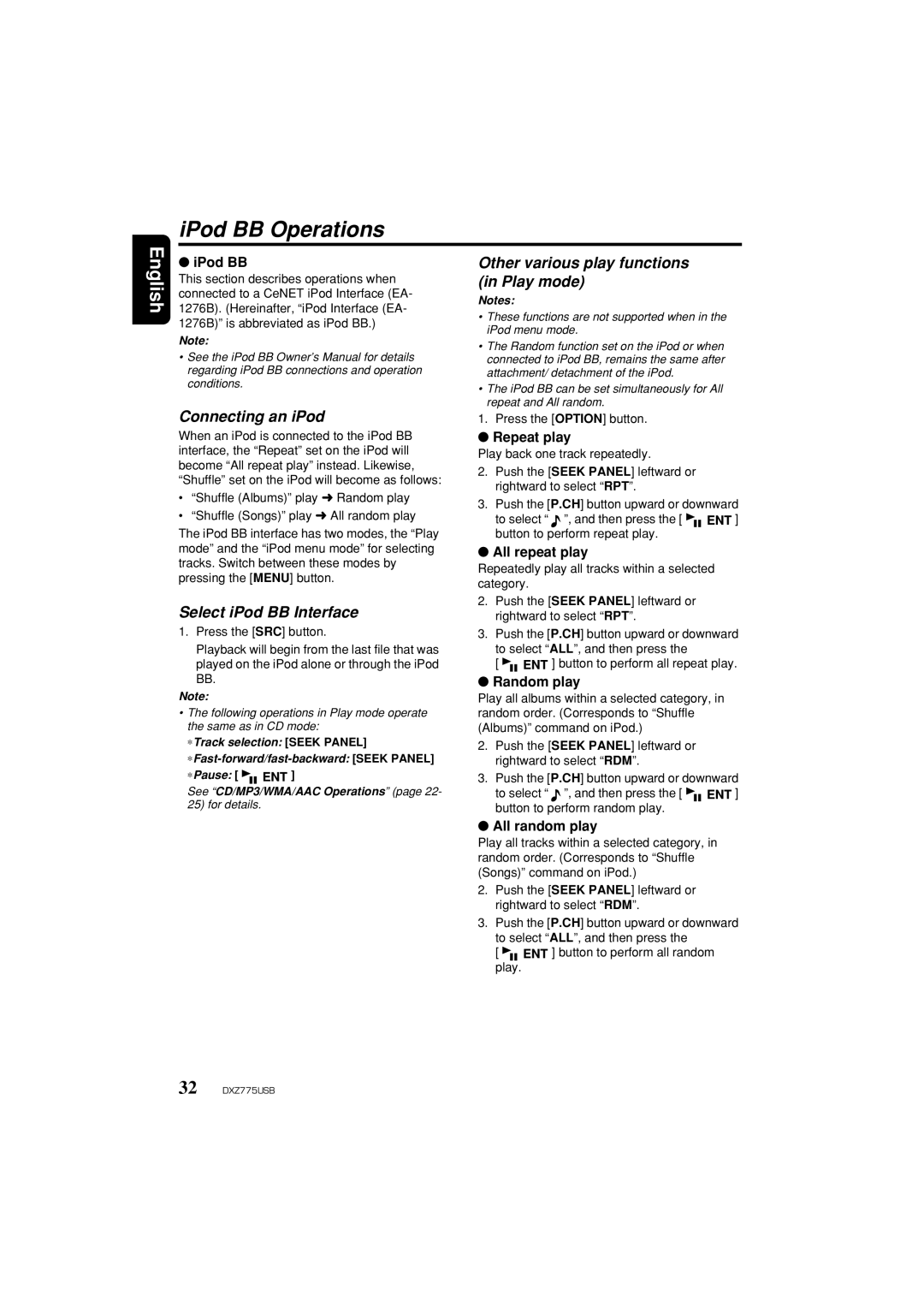 Clarion iDXZ775USB owner manual IPod BB Operations, Connecting an iPod, Select iPod BB Interface 