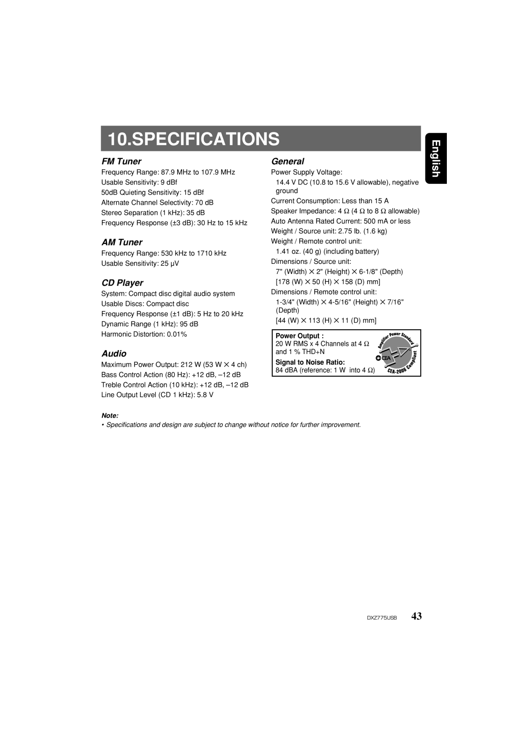 Clarion iDXZ775USB owner manual Specifications 