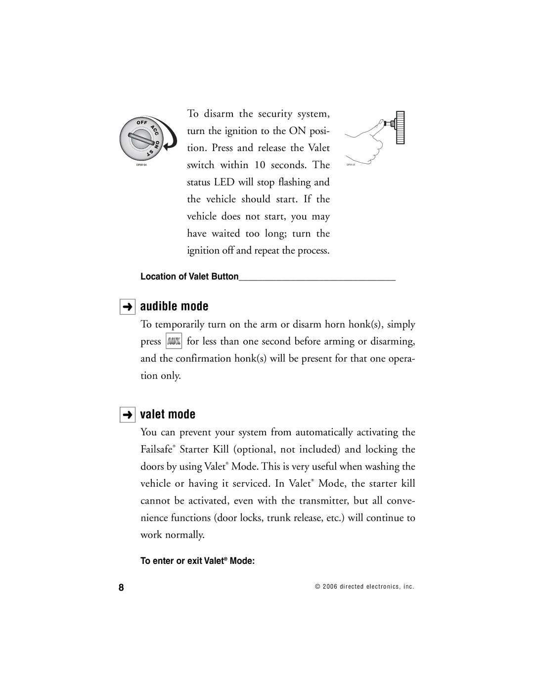 Clarion K20 manual Audible mode, Valet mode 