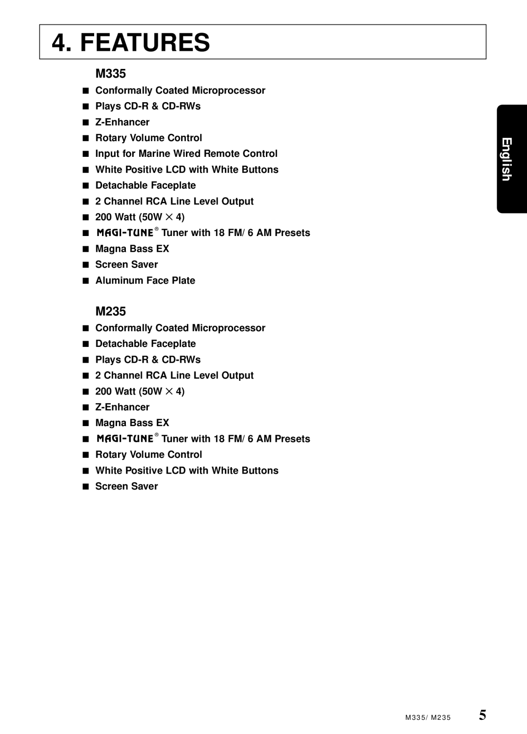 Clarion M335, M235 manual Features 