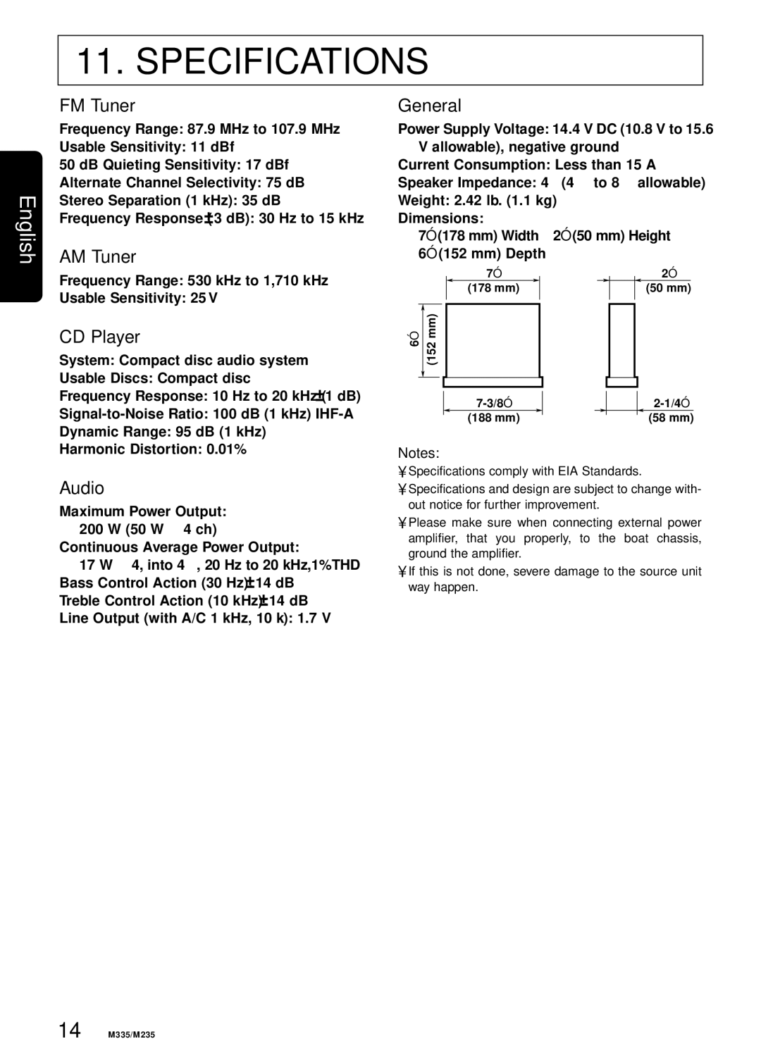 Clarion M235, M335 manual Specifications 