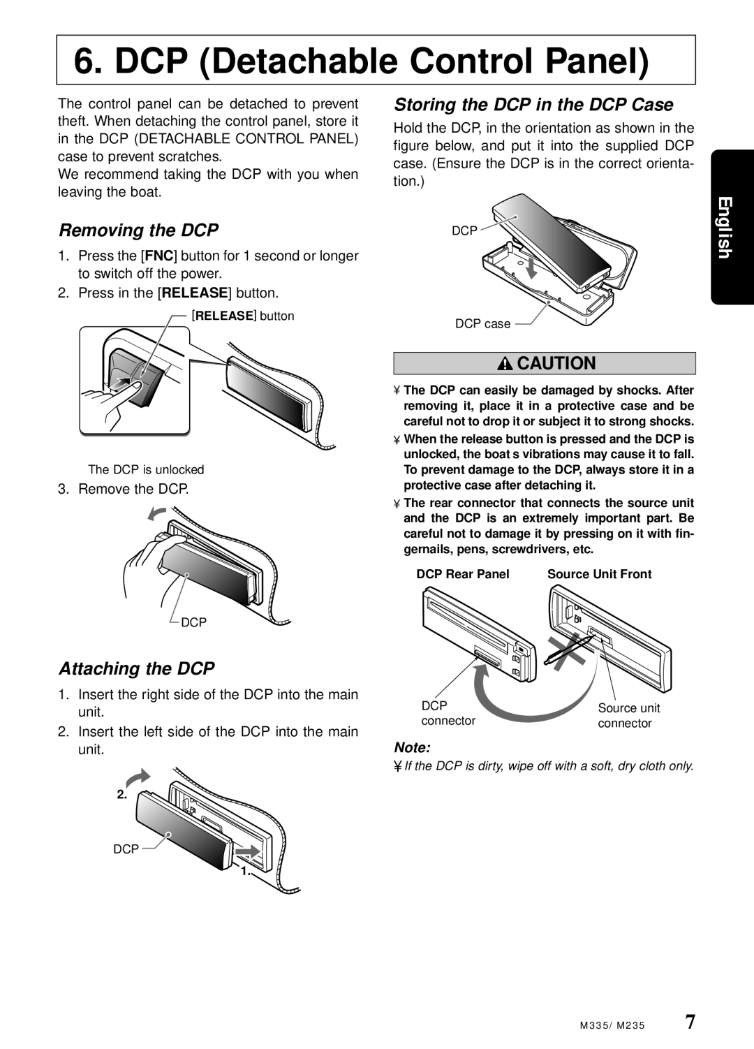 Clarion M335, M235 manual Removing the DCP, Attaching the DCP, Storing the DCP in the DCP Case 