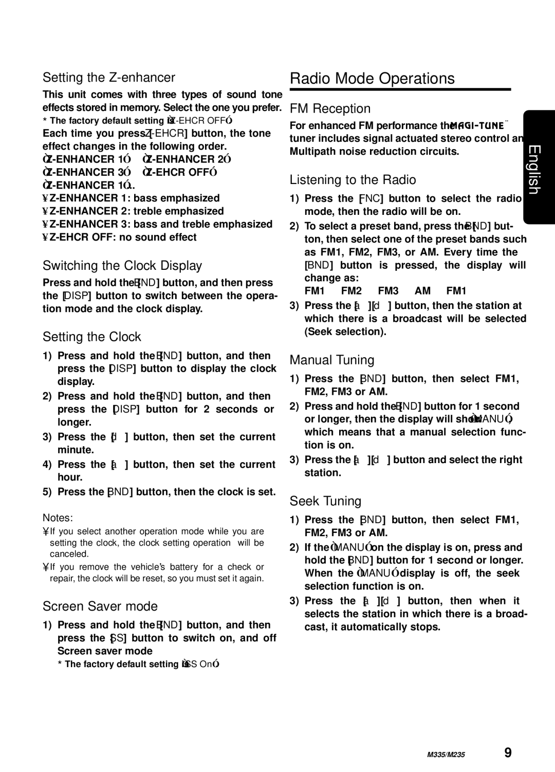 Clarion M335, M235 manual Radio Mode Operations 