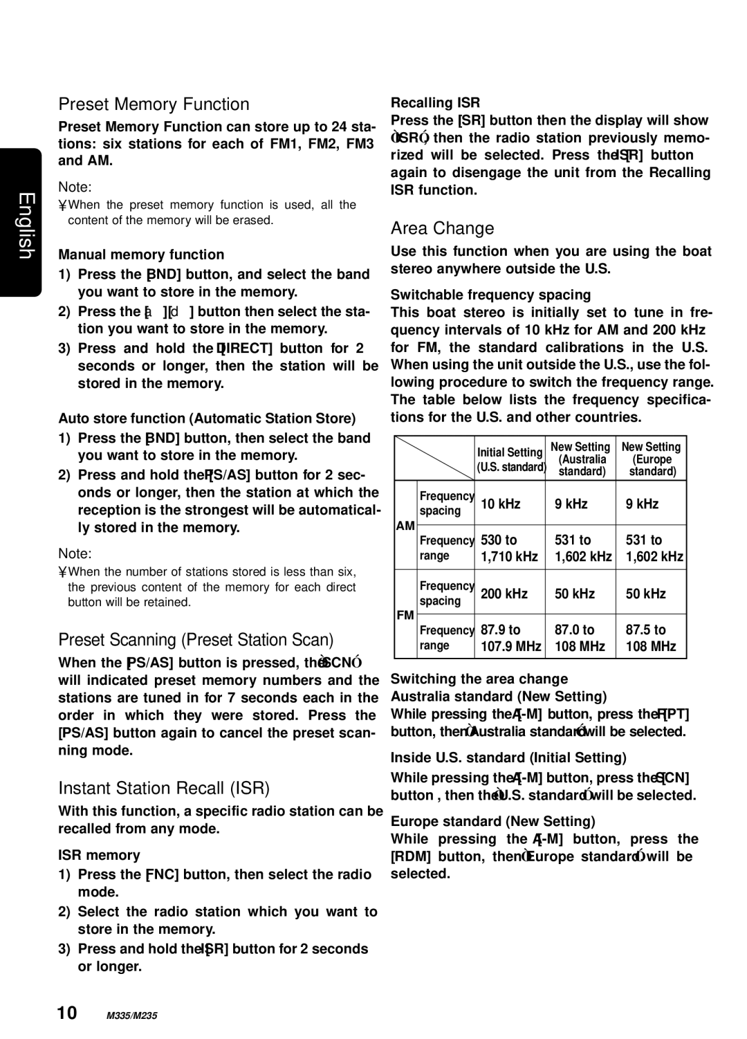 Clarion M235, M335 Preset Memory Function, Preset Scanning Preset Station Scan, Instant Station Recall ISR, Area Change 