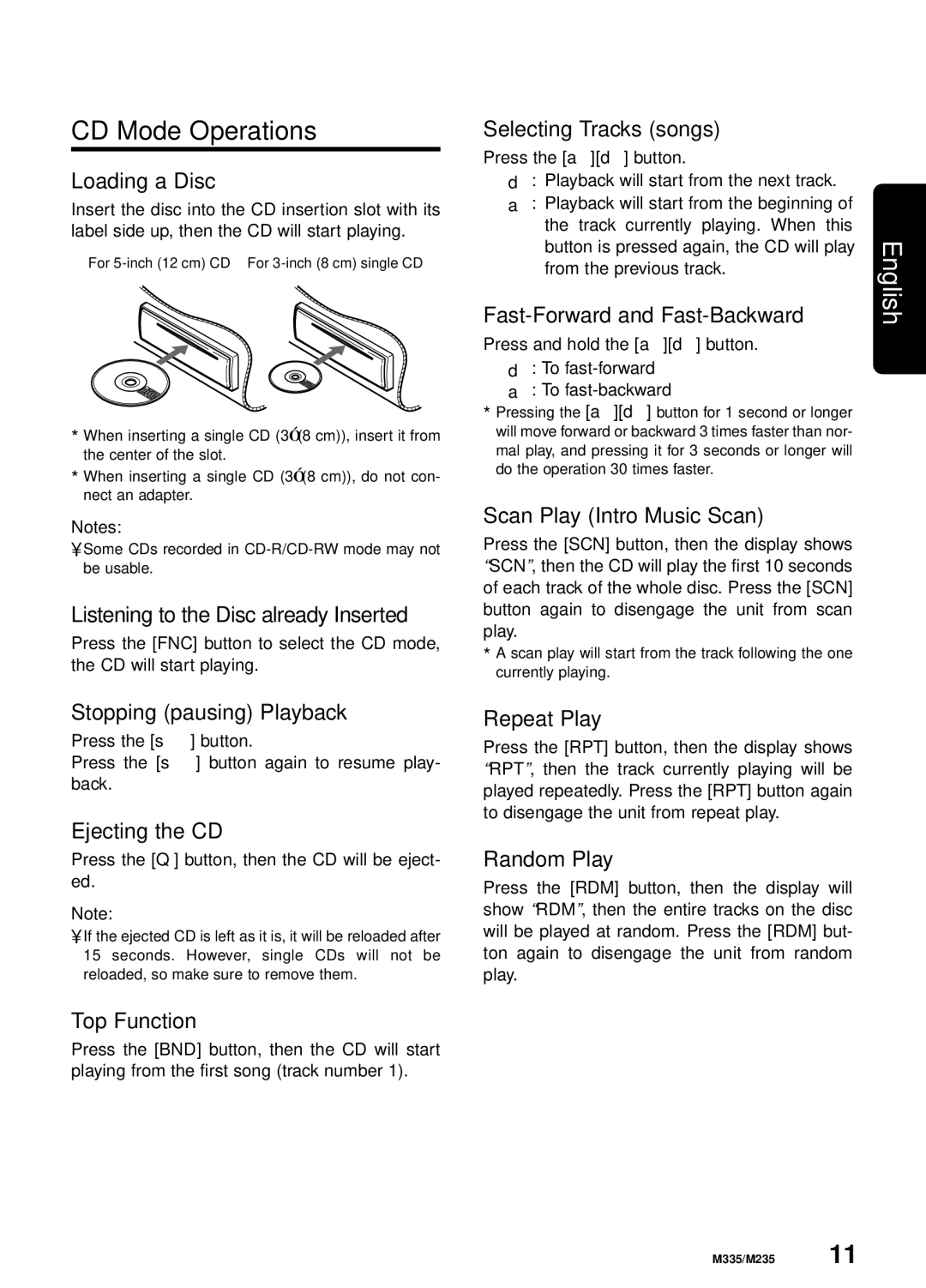 Clarion M335, M235 manual CD Mode Operations 