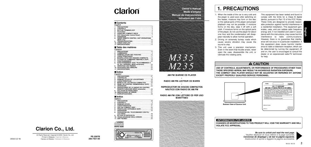 Clarion M335/M235 owner manual Precautions, Contents 