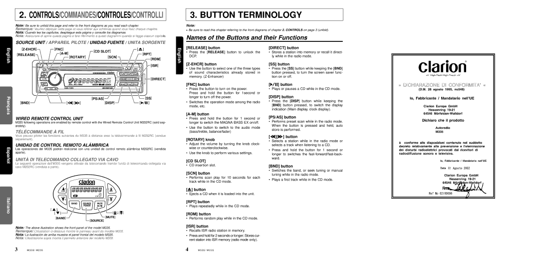 Clarion M335/M235 owner manual Button Terminology, Controls/Commandes/Controles/Controlli 